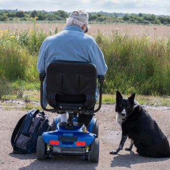 Elderly man on a mobility scooter with a black dog by his side in outdoor field area